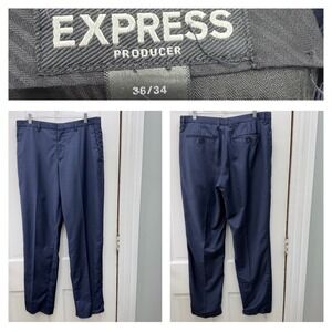 Express Navy Blue Wool Blend Dress Pants Men's 36x34 Flat Front Trousers